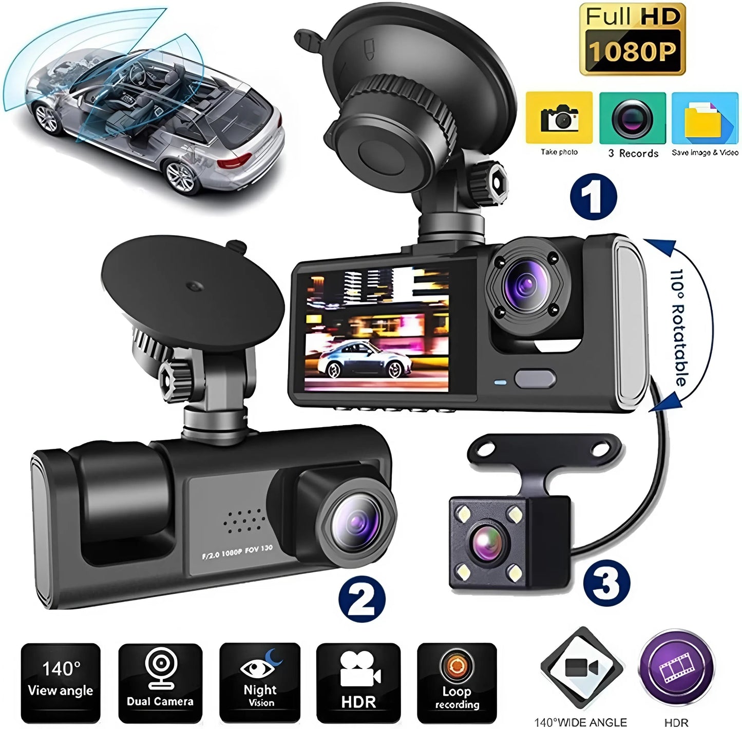 Cámara para vehículo 3 en 1 de 1080p / Frontal, Interior y Trasera GRABADORA DE CONDUCCIÓN