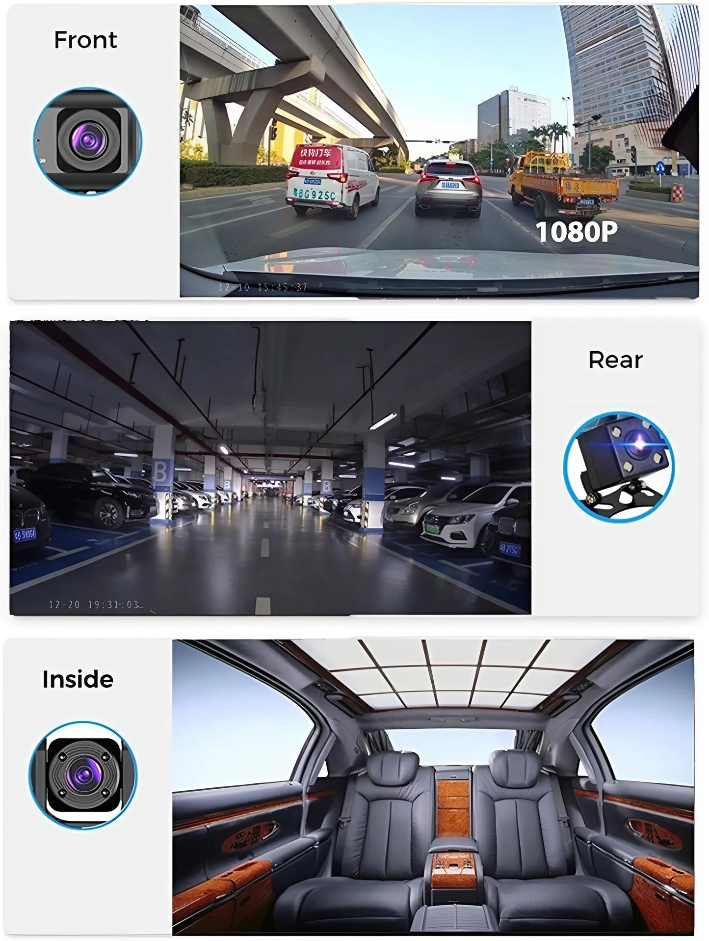 Cámara para vehículo 3 en 1 de 1080p / Frontal, Interior y Trasera GRABADORA DE CONDUCCIÓN